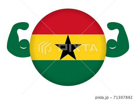 強いガーナのイメージイラスト（円形のガーナ国旗と力こぶ）