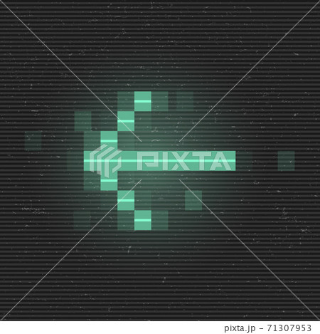 Retrofuturistic glitch left arrow. Green glowing digital pointer. 8 bit pixel arrow. Cyberpunk glowing design element for poster, flyer, cover, banner, web, games. Vector Retrofuturistic glitch left arrow. Green glowing digital pointer. 8 bit pixel arrow. Cyberpunk glowing design element for poster, flyer, cover, banner, web, games. Vector 71307953