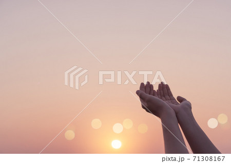 Woman hands place together like praying in front of nature green  background. 71308167
