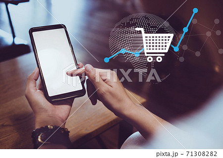 People hand using mobile phone or smartphone searching for information in internet online society web with search box icon. 71308282