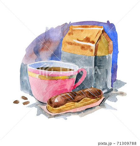A Cup with a drink, Eclair and a package of coffee beans 71309788
