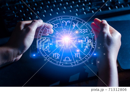 Zodiac signs inside of horoscope circle. Astrology in the sky with many stars and moons astrology and horoscopes concept Zodiac signs inside of horoscope circle. Astrology in the sky with many stars and moons astrology and horoscopes concept 71312806