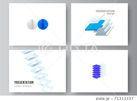 Vector layout of presentation slides design templates, template for presentation brochure, brochure cover, business report. 3d render vector composition with dynamic geometric blue shapes in motion. 71313337