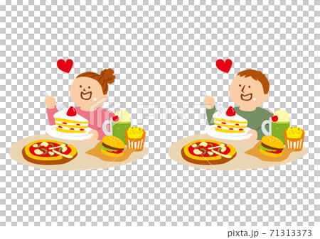 Illustration of a person eating a high-calorie meal 71313373