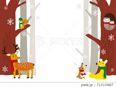冬の森と動物たち 背景イラストのイラスト素材