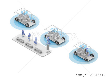 運転手がいないタクシー。無人タクシーに乗車する。タクシー乗り場で待つ人物。 71315410