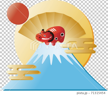 年賀素材 正月 丑年 赤べこ 富士山 イラスト素材 のイラスト素材