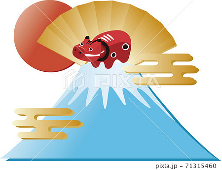 年賀素材 正月 丑年 赤べこ 富士山 イラスト素材 のイラスト素材