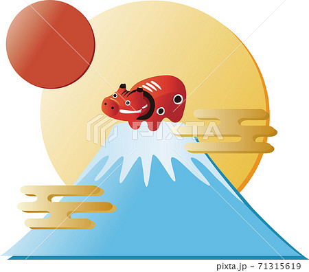 年賀素材 正月 丑年 赤べこ 富士山 イラスト素材 のイラスト素材