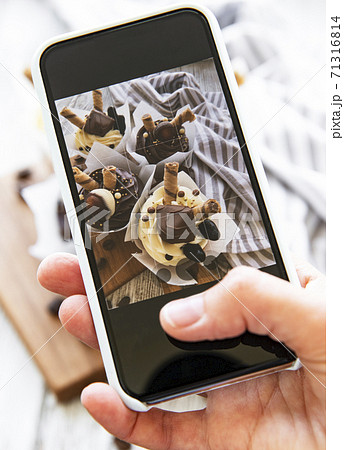 Girl makes a photo of cupcakes on a smartphone Girl makes a photo of cupcakes on a smartphone 71316814