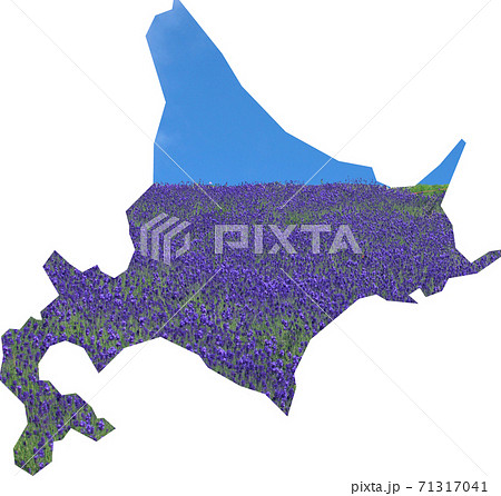 北海道の地図地形を象ったラベンダー畑と青空の写真 観光イメージ都道府県別地図のイラスト素材