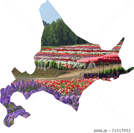 北海道の地図地形を象った四季の丘花畑の写真 観光イメージ都道府県別地図のイラスト素材