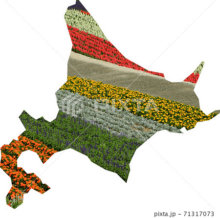 北海道の地図地形を象った四季の丘花畑の写真 観光イメージ都道府県別地図のイラスト素材