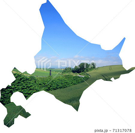 北海道の地図地形を象った雄大な畑と青空の写真 農業観光イメージ都道府県別地図のイラスト素材