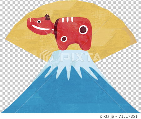 年賀素材 正月 丑年 赤べこ 富士山 水彩 イラスト素材 のイラスト素材