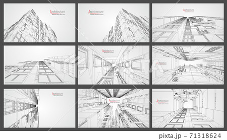 Architecture wireframe background set. Building blueprints vector. 3dbuilding wireframe architectural building. EPS 10 vector. 71318624