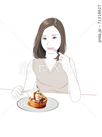パンケーキを食べる若い女性のイラスト素材