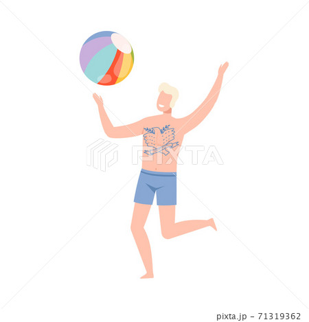 Tattooed Young Man in Swimming Trunks Playing Ball on Beach Vector Illustration 71319362
