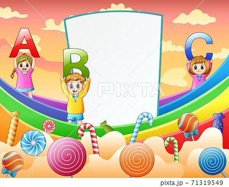 Happy Kids Holding Abc Letter In A Sweet Landのイラスト素材