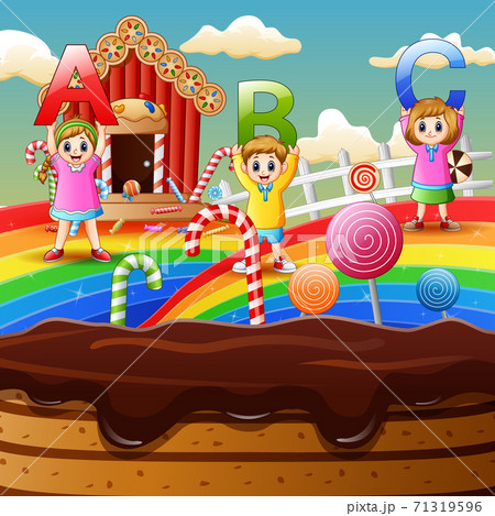 Happy kids holding ABC letter in a sweet land Happy kids holding ABC letter in a sweet land 71319596