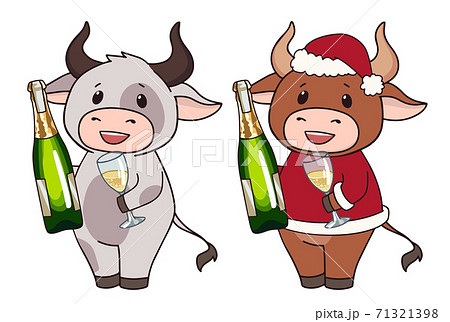 Set of two cartoon cow wearing Christmas costume and holding champagne. Set of two cartoon cow wearing Christmas costume and holding champagne. 71321398
