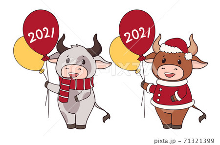 Set of two cartoon cow wearing Christmas costume and holding balloons. 71321399