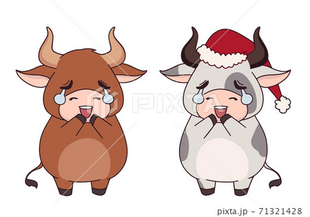 Set of two funny little cow wearing Christmas hat and scarf. Set of two funny little cow wearing Christmas hat and scarf. 71321428
