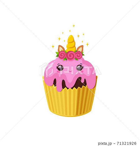 Unicorn cupcake with pink icing. Kawaii muffin in paper cup. Tasty dessert with horn and ears. Vector illustration in cute cartoon style Unicorn cupcake with pink icing. Kawaii muffin in paper cup. Tasty dessert with horn and ears. Vector illustration in cute cartoon style 71321926
