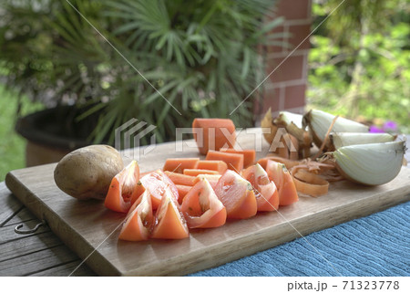 Cut tomatoes, carrot, onions and potatoes on wooden chopping board Cut tomatoes, carrot, onions and potatoes on wooden chopping board 71323778