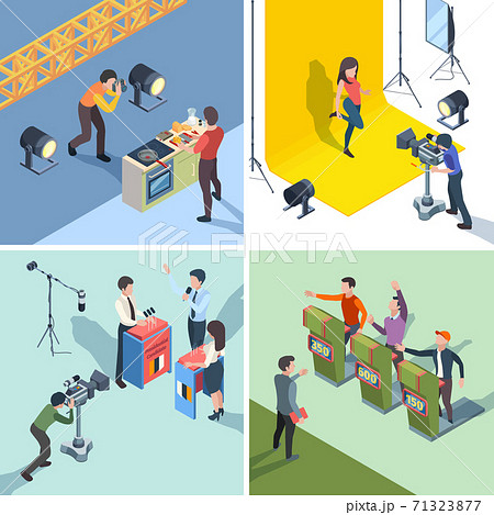 Tv show production. Digital broadcasting tv quiz talking show participants vector isometric set Tv show production. Digital broadcasting tv quiz talking show participants vector isometric set 71323877