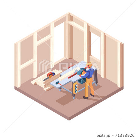 Wooden house builders. Carpenter workers interior framing from wood renovation processes plank construct vector isometric 71323926