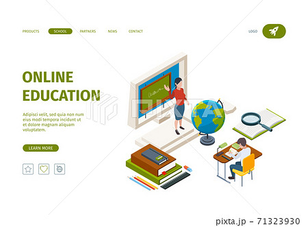 Online education landing. Knowledge learning processes training processes distance courses for student vector isometric web page template 71323930