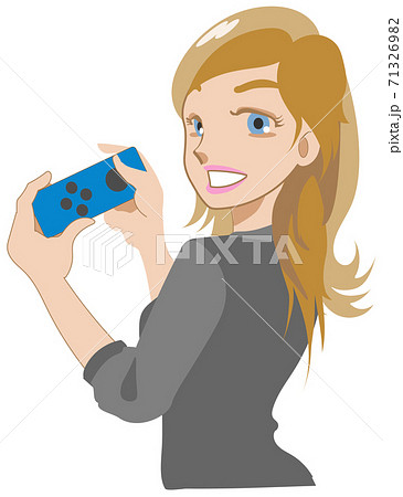 人気ゲームのコントローラーを持ち笑う女性のイラスト素材