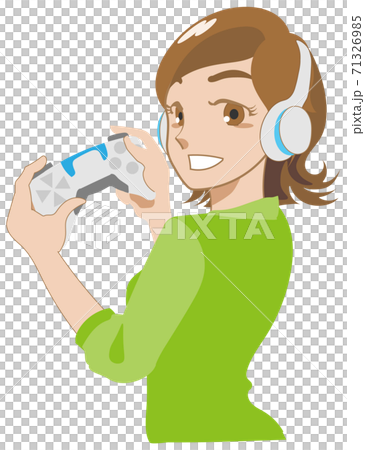 ヘッドセットをして新型ゲームのコントローラーを持ち笑う女性のイラスト素材