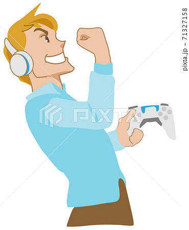 ヘッドセットをして新型ゲームのコントローラーを持ちガッツポーズをする男性のイラスト素材