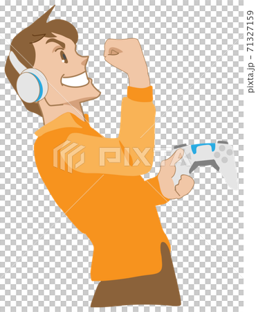 ヘッドセットをして新型ゲームのコントローラーを持ちガッツポーズをする男性 71327159