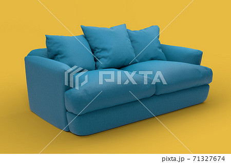 Emerald couch with pillows on studio yellow background. Emerald couch with pillows on studio yellow background. 71327674