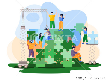 People trying to save world ecology. Characters are building a green planet from blocks of puzzles 71327857