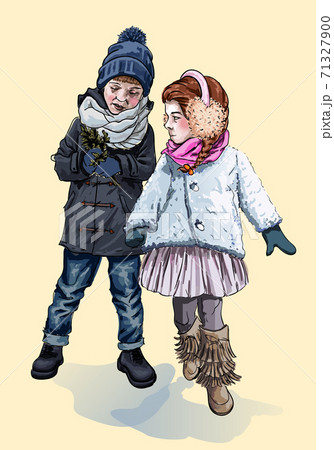 Children are walking outside in winter. The boy shows girl a tree branch. Walk in warm clothes 71327900