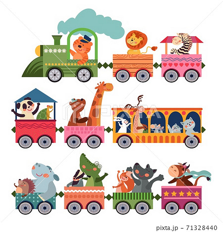 Cute animals train. Playful children zoo, trains with cute cartoon giraffe tiger lion. Kid birthday characters, funny travel vector concept Cute animals train. Playful children zoo, trains with cute cartoon giraffe tiger lion. Kid birthday characters, funny travel vector concept 71328440