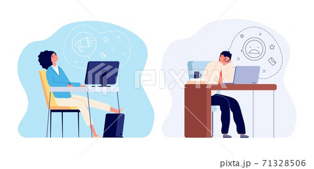 Burnout at work. Tired woman, stress man worker at office. Flat overwhelmed characters, sleep female and sick workaholic male 71328506