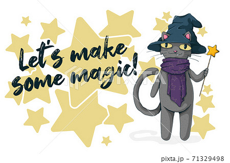 Black cat with witch hat and magic wand. Text...のイラスト素材 [71329498] - PIXTA