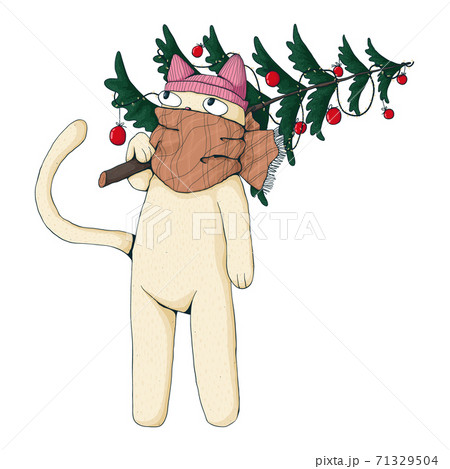 Cute cat wearing winter scarf and hat and hold christmas tree. Vector cartoon illustration. Happy christmas and happy new year concept. Best for print, web and textile. Cute cat wearing winter scarf and hat and hold christmas tree. Vector cartoon illustration. Happy christmas and happy new year concept. Best for print, web and textile. 71329504