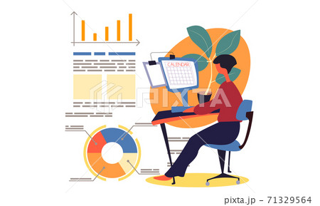 Businesswoman makes a schedule or prepares an annual report with statistical charts and text 71329564