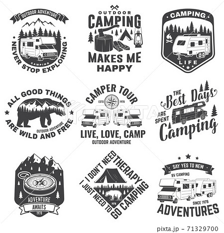 Set of camping badges, patches. Camping quote. Vector. Concept for shirt or logo, print, stamp or tee. Vintage typography design with rv, motor home, camping trailer silhouette. Set of camping badges, patches. Camping quote. Vector. Concept for shirt or logo, print, stamp or tee. Vintage typography design with rv, motor home, camping trailer silhouette. 71329700