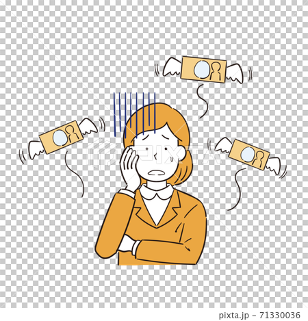 お金が飛んでいきショックを受ける女性会社員のイラスト 71330036