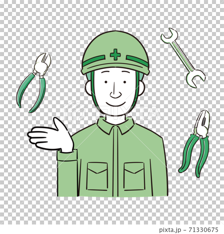 ヘルメットを被った作業者と工具のイラストのイラスト素材