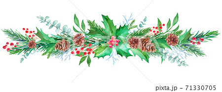 松毬 もみの枝 西洋柊などのクリスマス装飾の水彩イラスト のイラスト素材