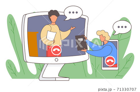 Video call chat conference flat infographic concept vector. Two men speaking over web camera Video call chat conference flat infographic concept vector. Two men speaking over web camera 71330707