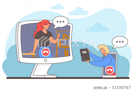 Video call chat conference flat infographic concept vector. Woman end man speaking over web camera 71330737